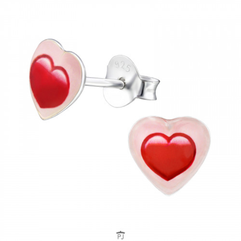 Oorknopjes zilver hartje rood